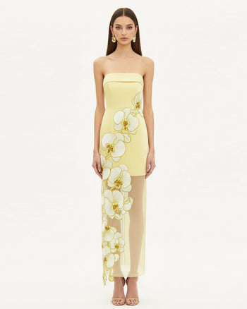 Vestito ricamato con orchidee – Giallo