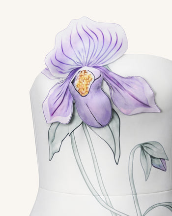 Mini Abito con Applicazione di Orchidea Paphiopedilum - Bianco