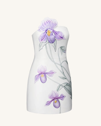 Mini Abito con Applicazione di Orchidea Paphiopedilum - Bianco