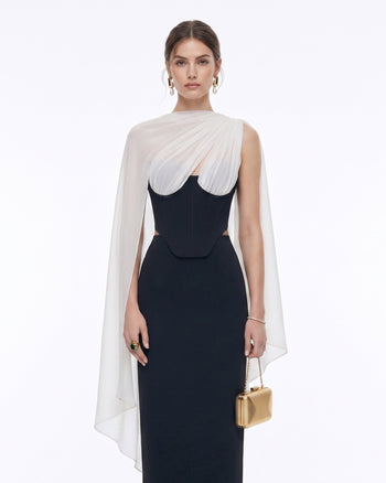 Top a corsetto senza spalline con mantella trasparente - Nero e bianco
