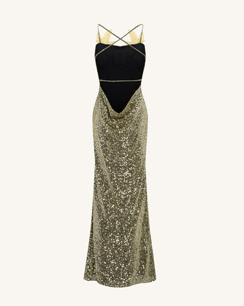 Araminta Abito con Paillettes e Dettagli Floreali - Oro