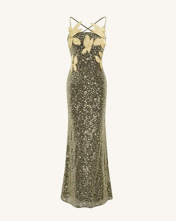 Araminta Abito con Paillettes e Dettagli Floreali - Oro