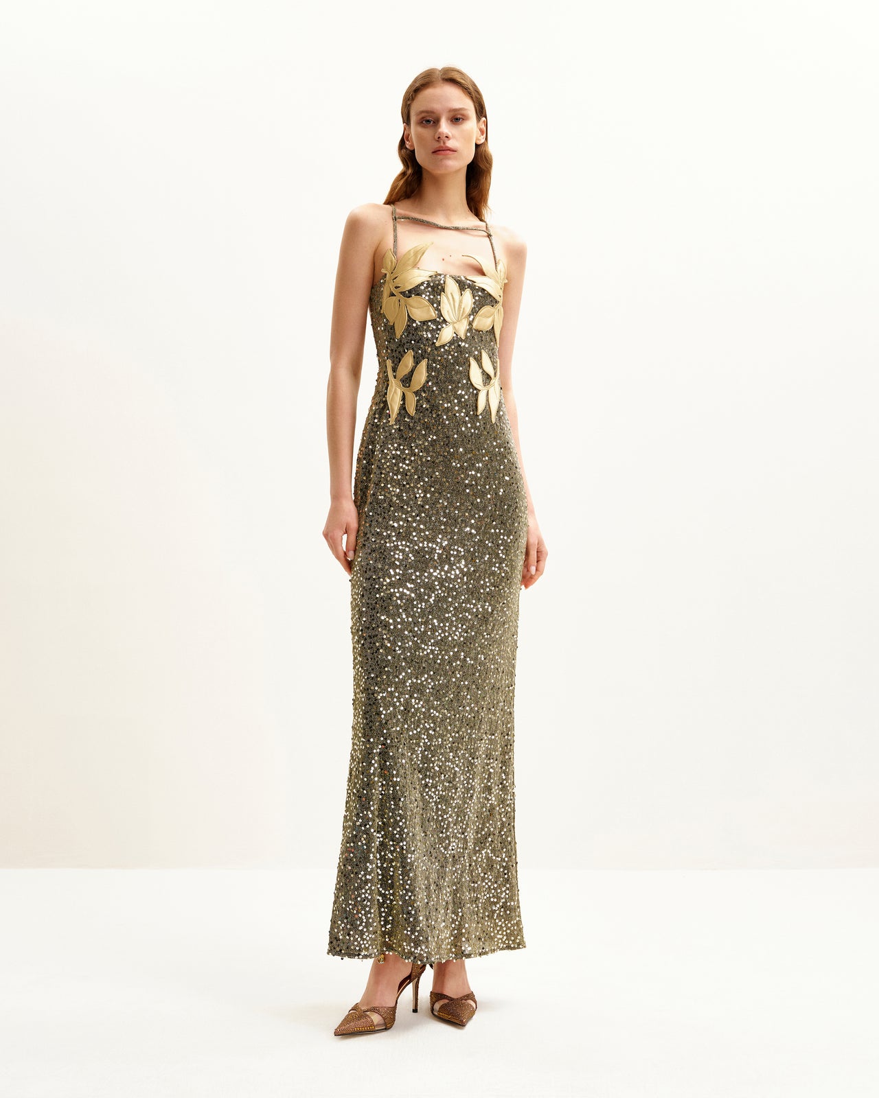 Araminta Abito con Paillettes e Dettagli Floreali - Oro