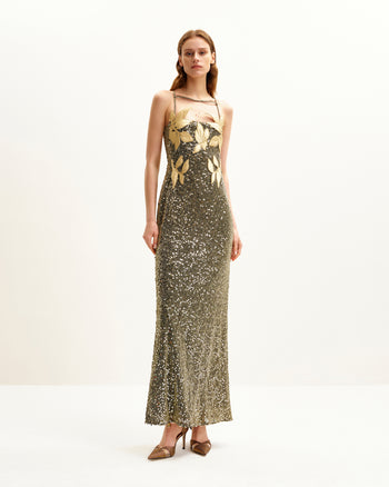 Araminta Abito con Paillettes e Dettagli Floreali - Oro