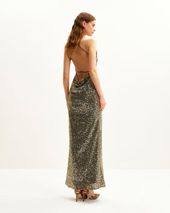 Araminta Abito con Paillettes e Dettagli Floreali - Oro