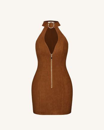 Ruby Abito Mini con Zip e Collo All'Incontro - Marrone