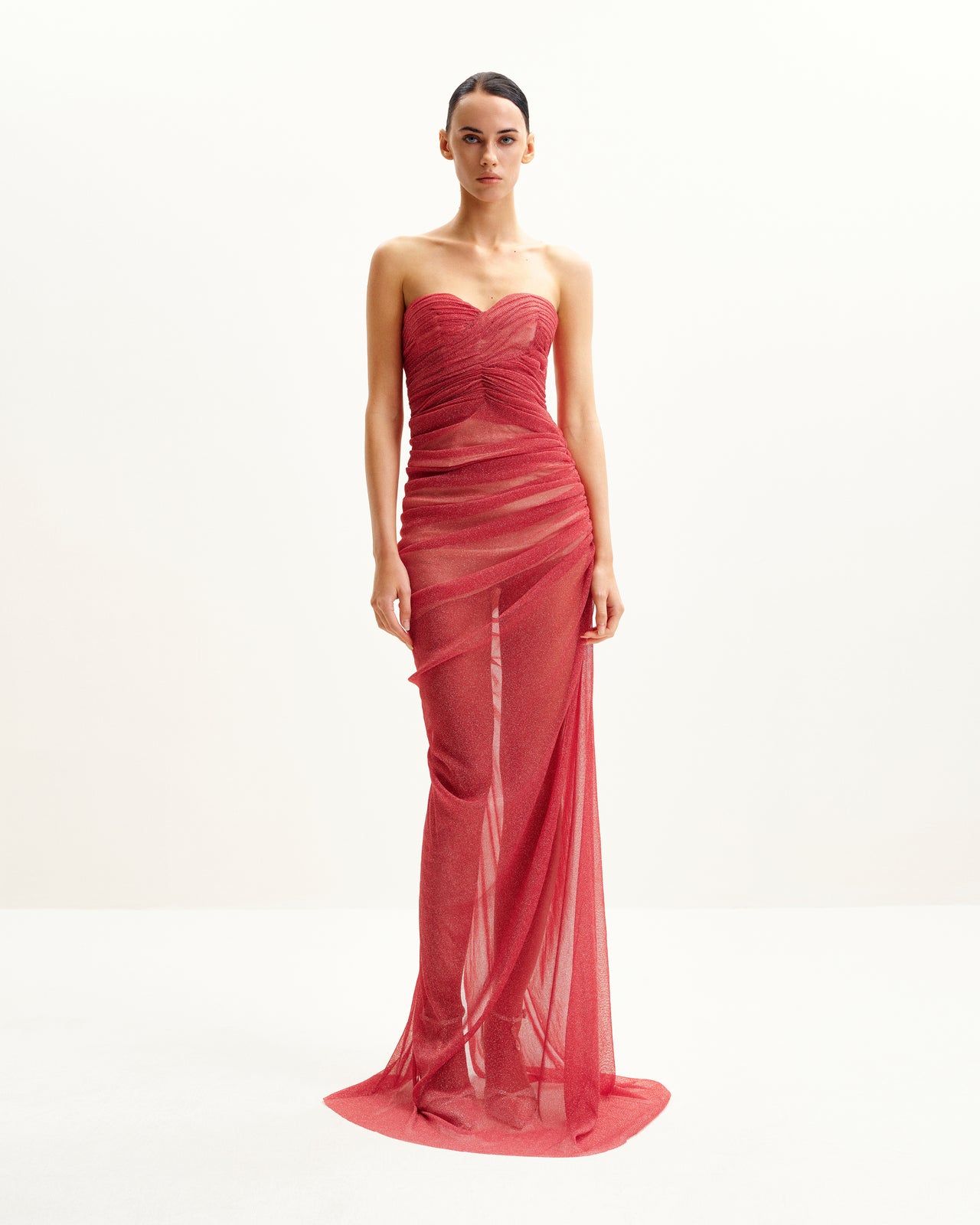 Mia Abito Lungo Senza Spalline Trasparente con Glitter - Scarlatto
