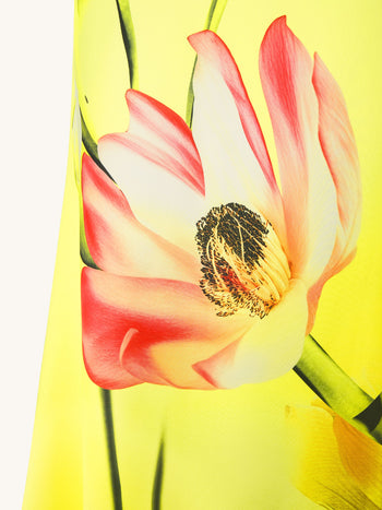 Abito Allacciato al Collo in Raso a Fiori - Giallo/Rosa