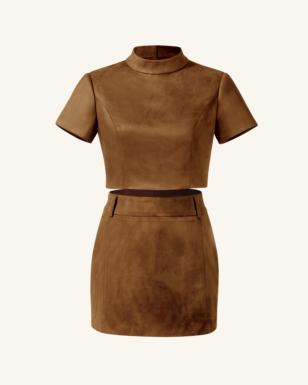 Grace Set Crop Top in Pelle Scamosciata e Mini Gonna - Cammello