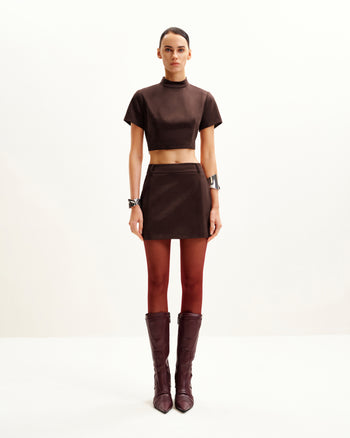Grace Set Crop Top in Pelle Scamosciata e Mini Gonna - Marrone Cioccolato