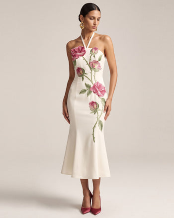 Rose Abito midi ricamato con allacciatura al collo - Bianco sporco