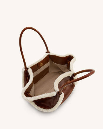 Hana Borsa Tote Media con Bordo in Finta Pelliccia di Montone - Marrone