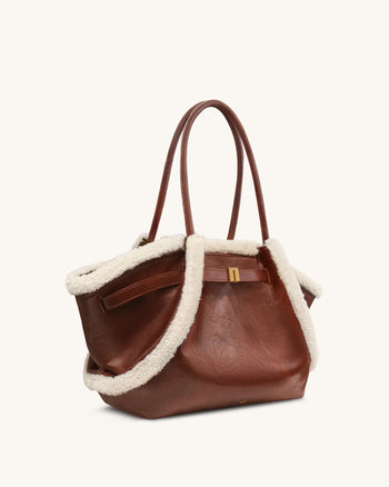 Hana Borsa Tote Media con Bordo in Finta Pelliccia di Montone - Marrone