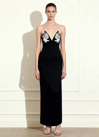 Abito lungo nero Ayliua con scollo a cuore decorato con strass - Nero