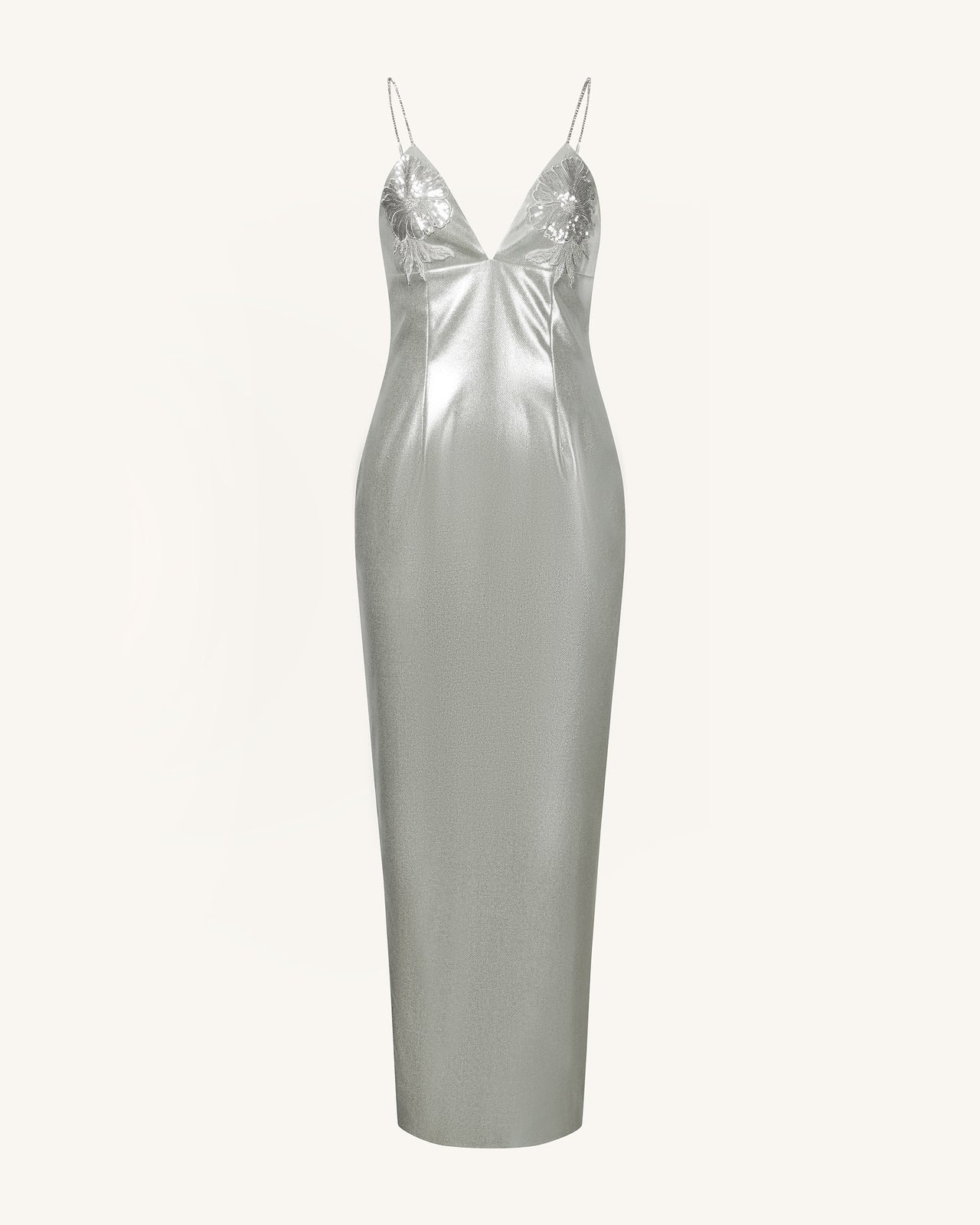 Vestito lungo argento Ayliua con scollo a cuore decorato con strass - Argento