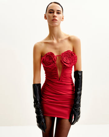 Abito Mini Tubino Arricciato con Applicazioni Floreali Bailee - Rosso