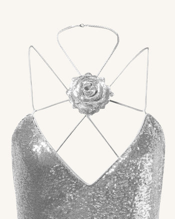 Abito lungo Heisey con paillettes argento e rosette - Argento