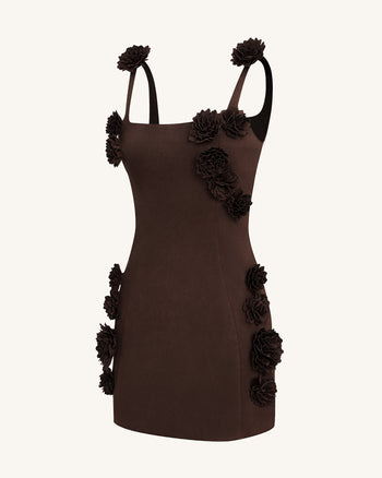 Elaina Vestito Mini Rosa con Applicazioni di Rosette - Marrone Cioccolato