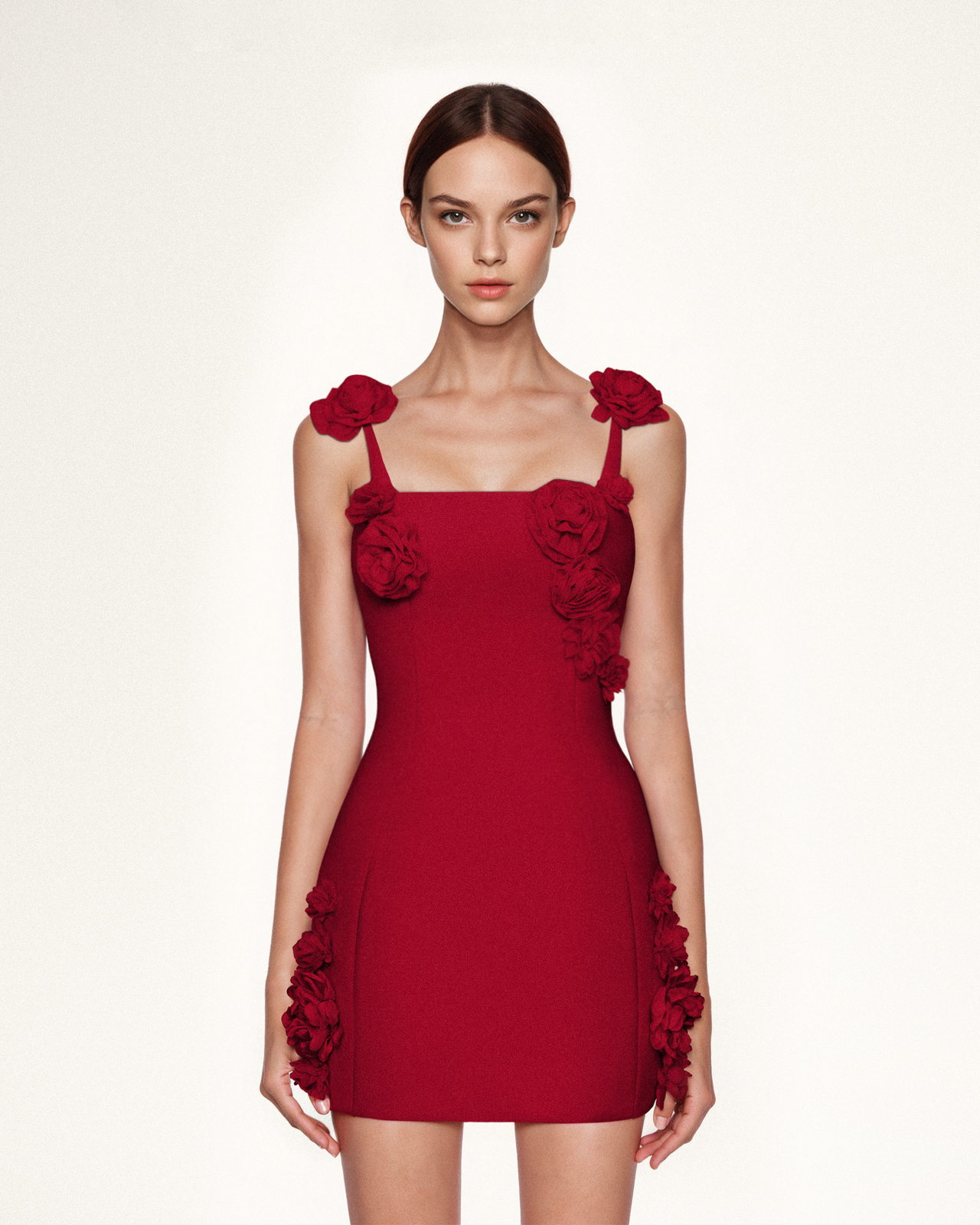 Elaina Vestito Mini Rosa con Applicazioni di Rosette - Rosso