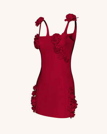 Elaina Vestito Mini Rosa con Applicazioni di Rosette - Rosso