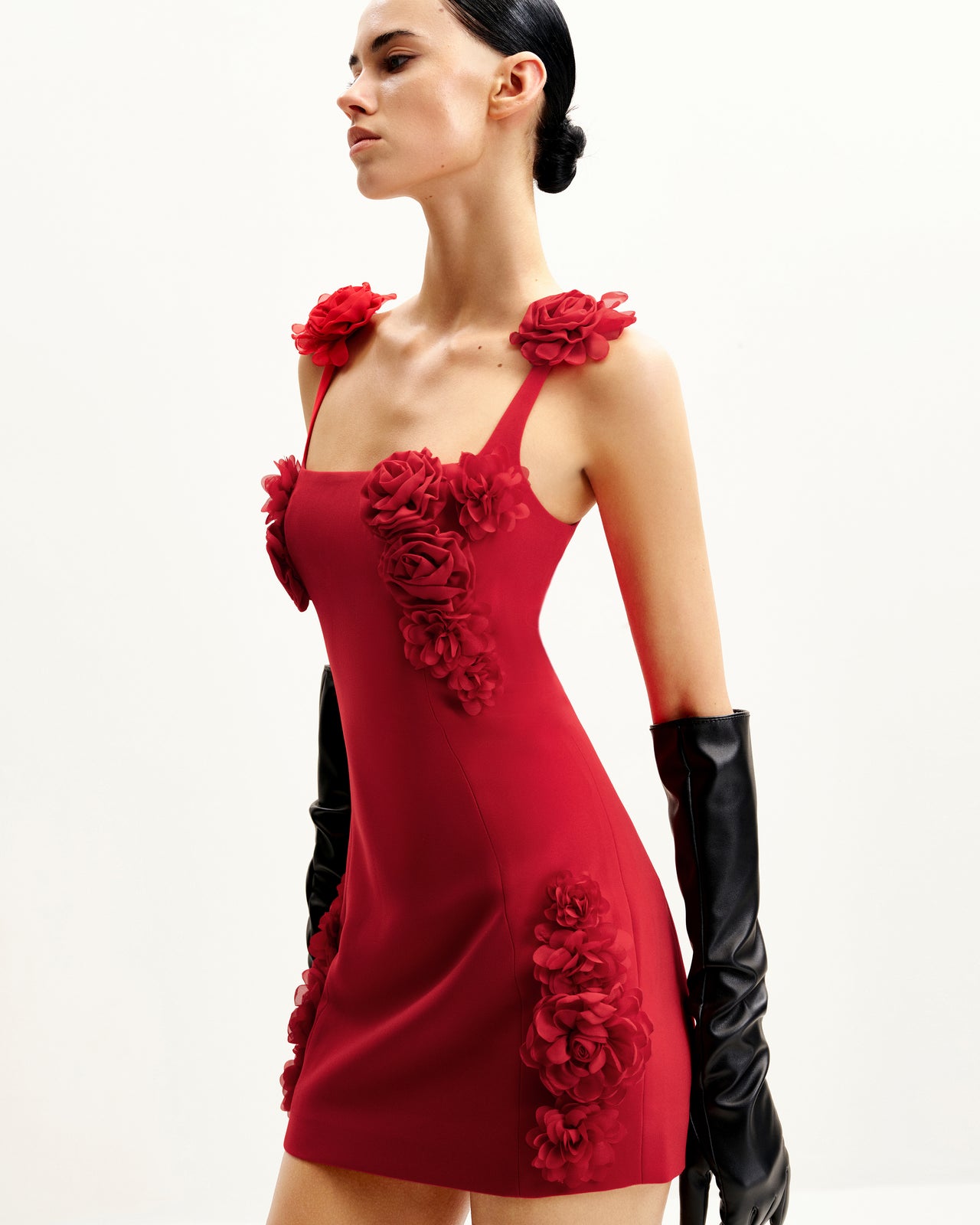 Elaina Vestito Mini Rosa con Applicazioni di Rosette - Rosso