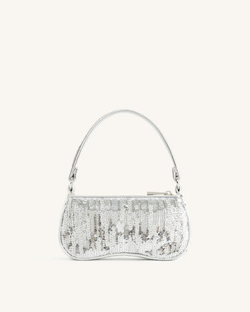 La borsa a tracolla mini in paillettes metalliche Eva - Argento