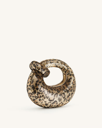 Borsa a mano mini con manico superiore Abacus in paillettes metalliche - stampa leopardo
