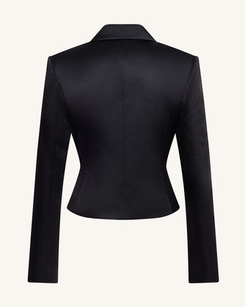 Blazer Corto de Satén con Cintura Esculpida – Negro