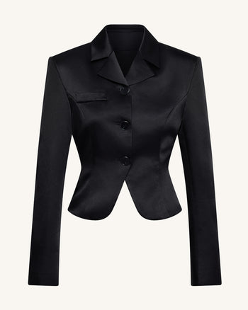 Blazer Corto de Satén con Cintura Esculpida – Negro
