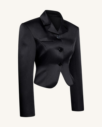 Blazer Corto de Satén con Cintura Esculpida – Negro