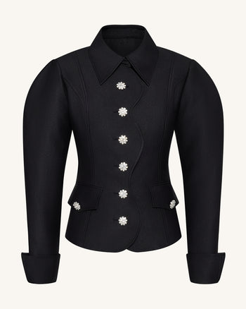Blazer con maniche gigot e profili smerlati - Nero