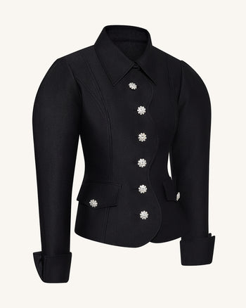 Blazer con maniche gigot e profili smerlati - Nero