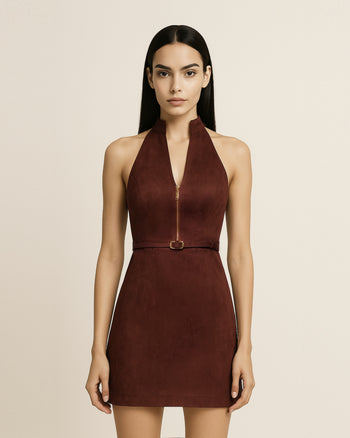 Abito mini con scollo a halter e zip frontale in finta pelle scamosciata - Borgogna