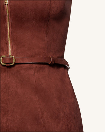 Abito mini con scollo a halter e zip frontale in finta pelle scamosciata - Borgogna