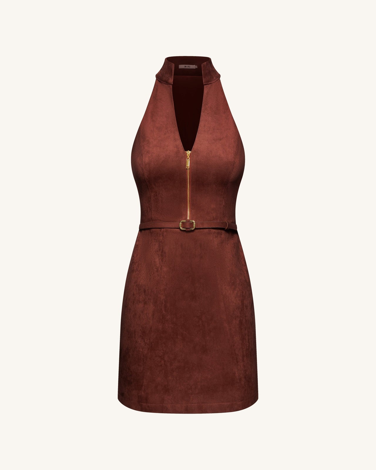 Abito mini con scollo a halter e zip frontale in finta pelle scamosciata - Borgogna