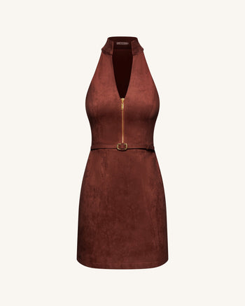 Abito mini con scollo a halter e zip frontale in finta pelle scamosciata - Borgogna