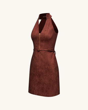 Abito mini con scollo a halter e zip frontale in finta pelle scamosciata - Borgogna