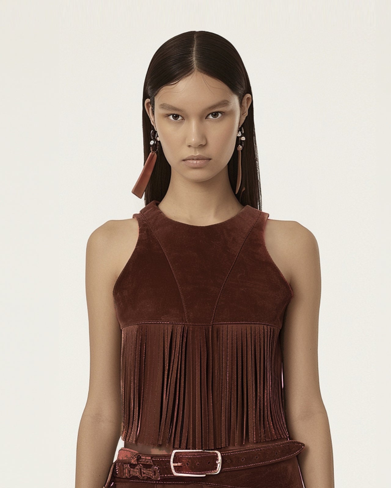 Halter con frange in finta pelle scamosciata - Borgogna