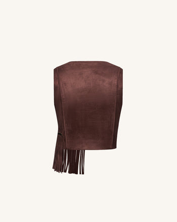 Top con frange in finta pelle scamosciata con scollo a V - Marrone cioccolato