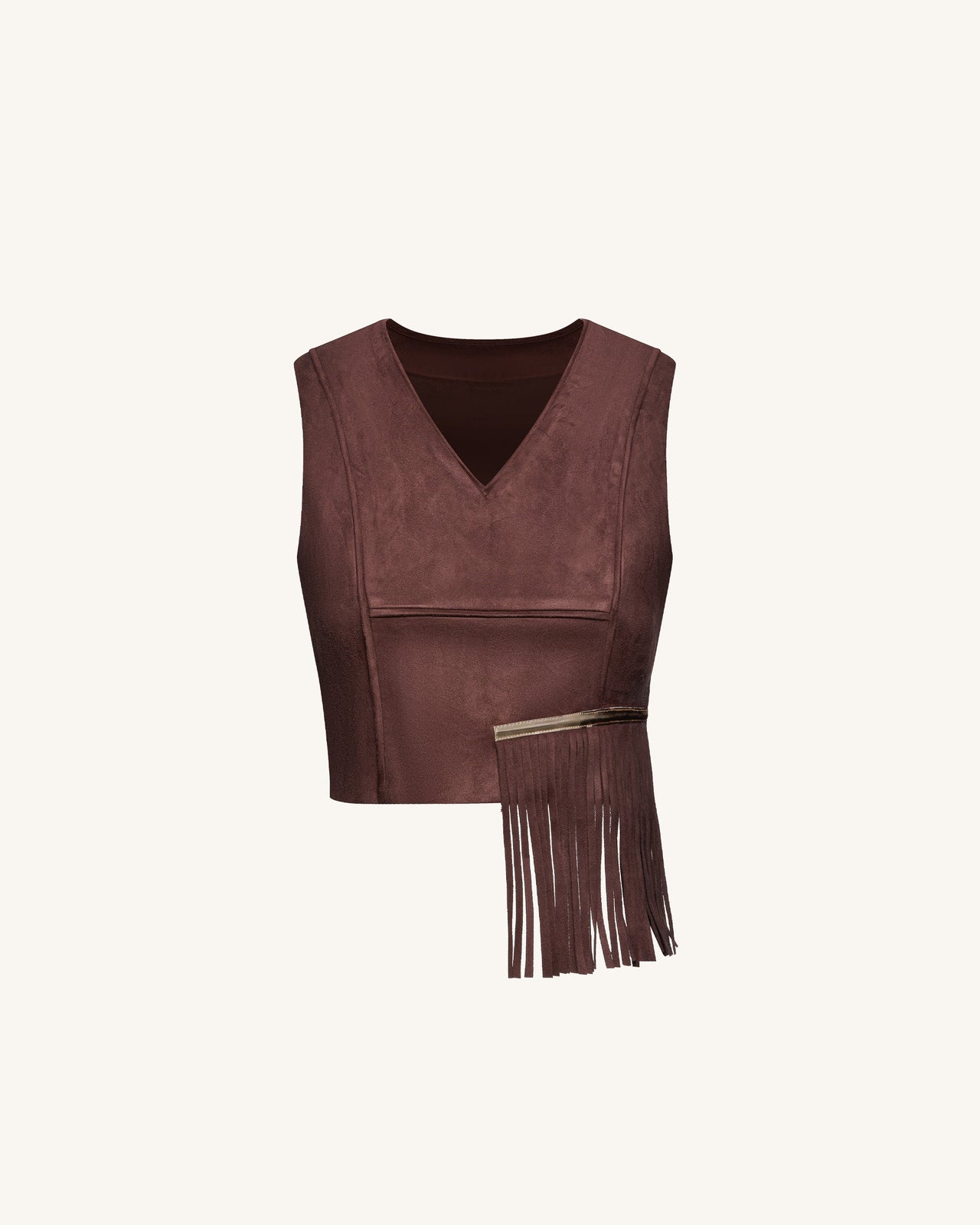 Top con frange in finta pelle scamosciata con scollo a V - Marrone cioccolato