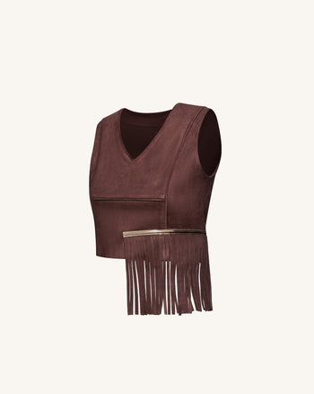 Top con frange in finta pelle scamosciata con scollo a V - Marrone cioccolato