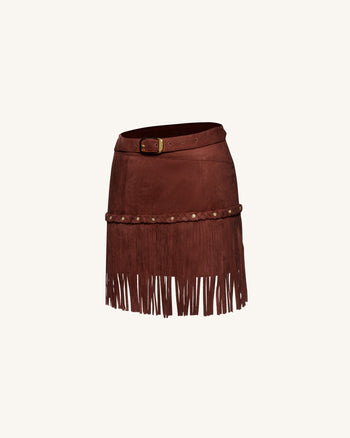 Gonna Con Frange In Stile Western In Tessuto Scamosciato - Borgogna