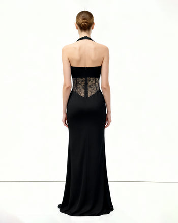 Abito maxi con pannelli in pizzo e dettagli arricciati - Nero