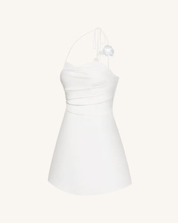 Mini Abito Floreale Arricciato All'americana - Bianco