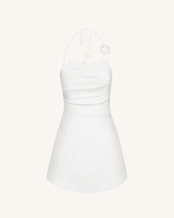 Mini Abito Floreale Arricciato All'americana - Bianco