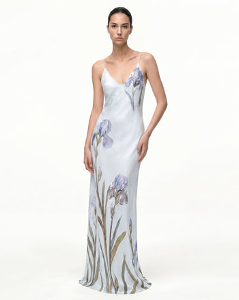 Abito sottoveste in raso con motivo Iris - Celeste