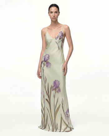Abito sottoveste in raso con motivo Iris - Verde chiaro/Viola