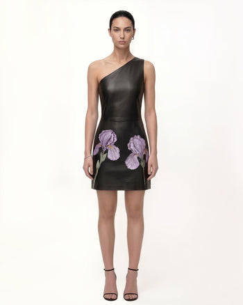 Mini abito in pelle con stampa floreale Iris e spalla One - Nero