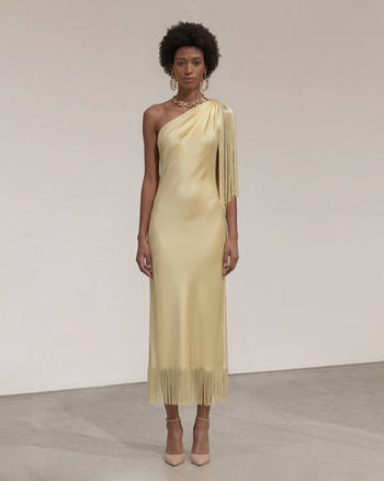 Abito midi con frange e spalla One - Champagne