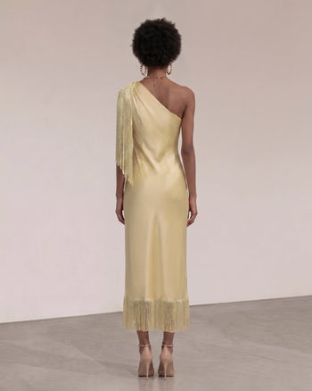 Abito midi con frange e spalla One - Champagne